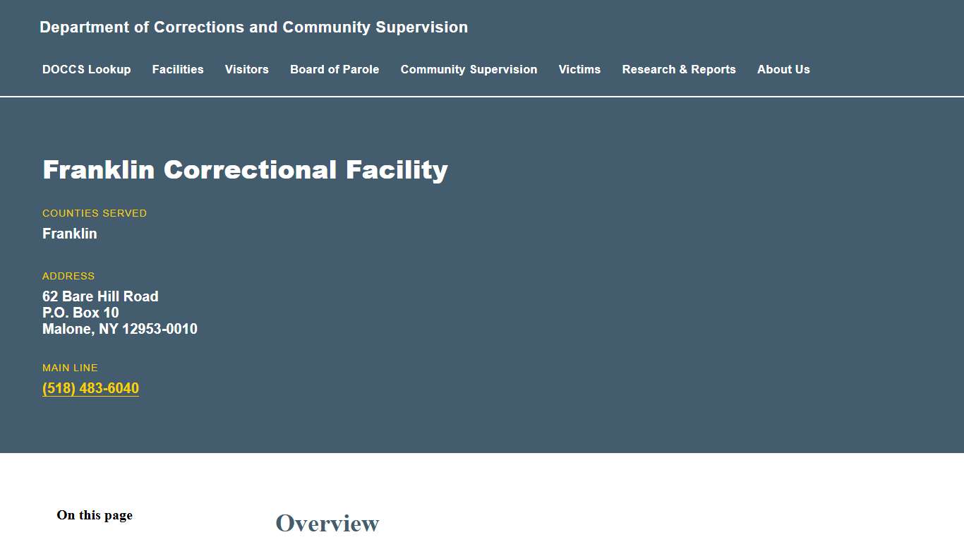 Franklin Correctional Facility Department of Corrections and Community Supervision